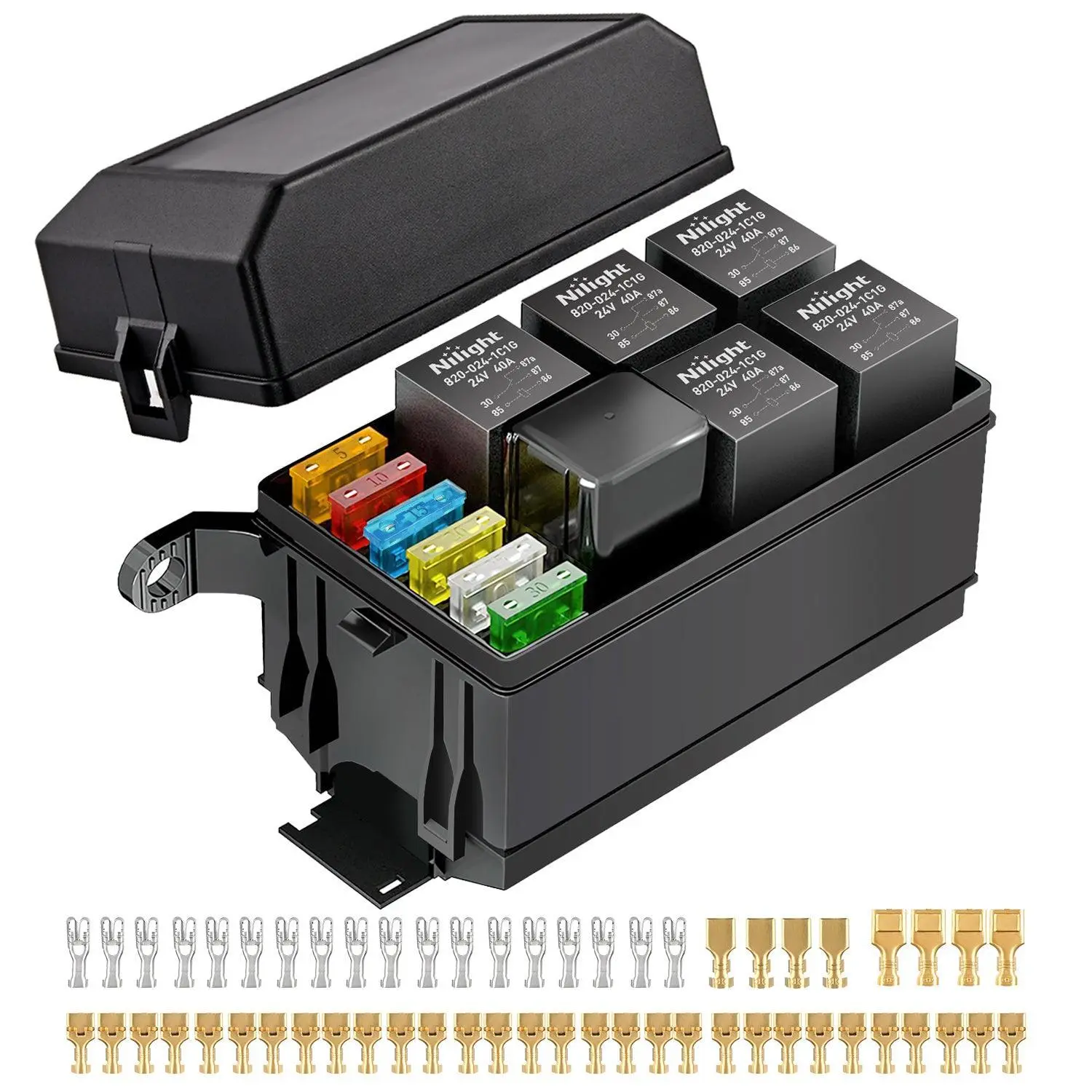 Nilight 6-Slot 12V Waterproof ATC/ATO Fuse and Relay Block Kit, Includes 1x4-Pin Relay, 12xBlade Fuses, 2xMounting Screws & Nuts for Car, SUV, Truck, RV, ATV, Camper, Vehicle, Trailer