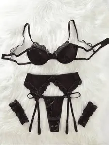 Women's Solid Color Satin Lingerie Set, Sexy Lingerie Set, Including Bra, Panty, Garter Belt, Thong and Stockings, Lingerie Set for Women baddie clean girl style curvy