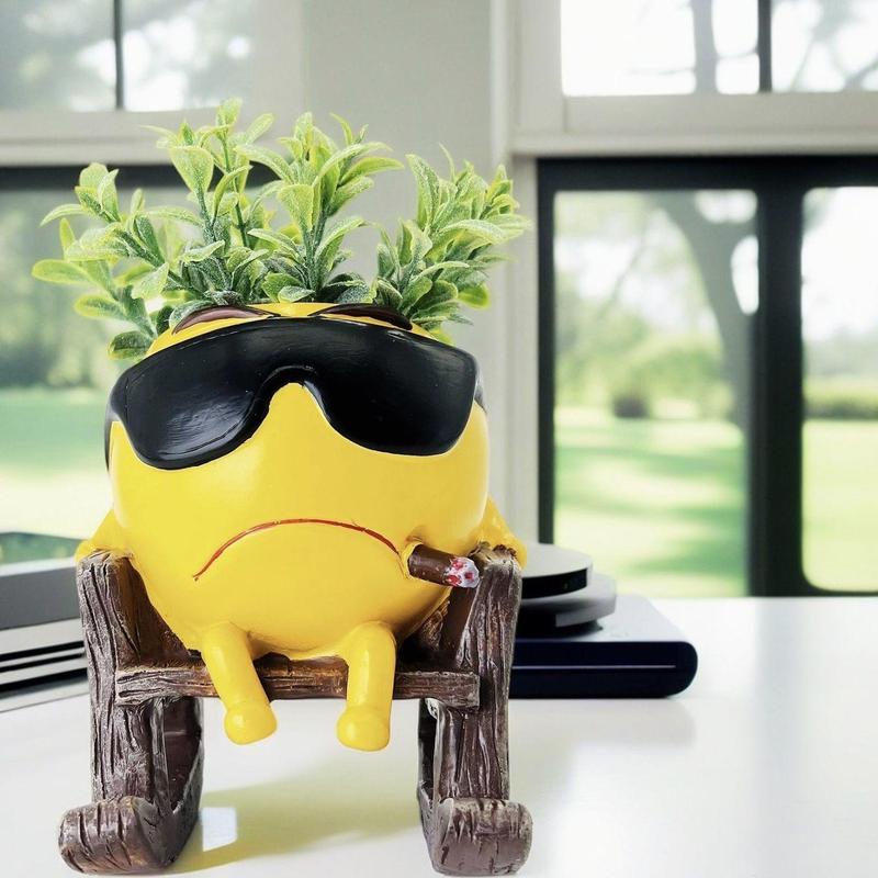 Vase aus Kunstharz im Cartoon-Design, süße Stuhl-Design-Vase mit Abflussloch, dekorativer Blumentopf für den Schreibtisch im Home Office, Wohndekor, Ornamente_voghion.com