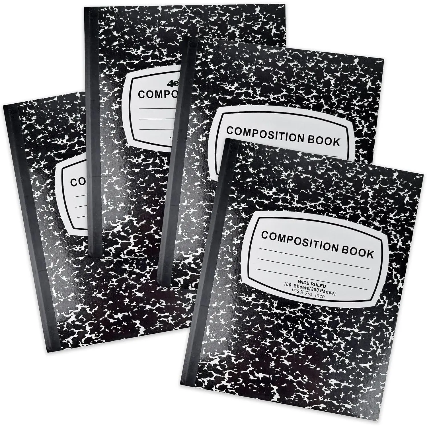Wide Ruled Composition Notebooks [4 Pack] Hard Cover 100 Sheets 9.75" x 7.5" - Black Marble Bulk Compositon Book Wide Ruling,  to School Supplies For Students Boys Girls & College