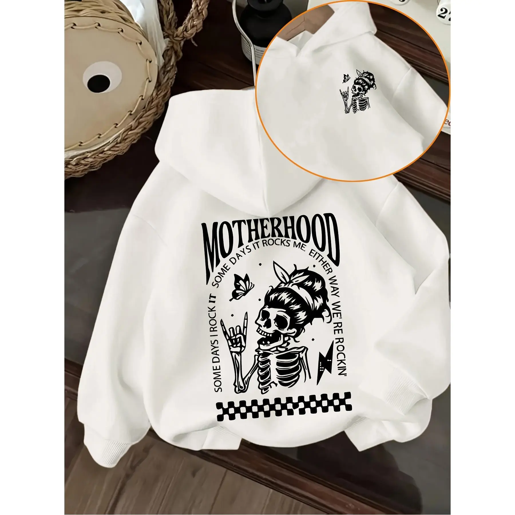Motherhood Skeleton Graphic Oversized Hoodie Funny Mom Quote Back‑Print Pullover Hoodie