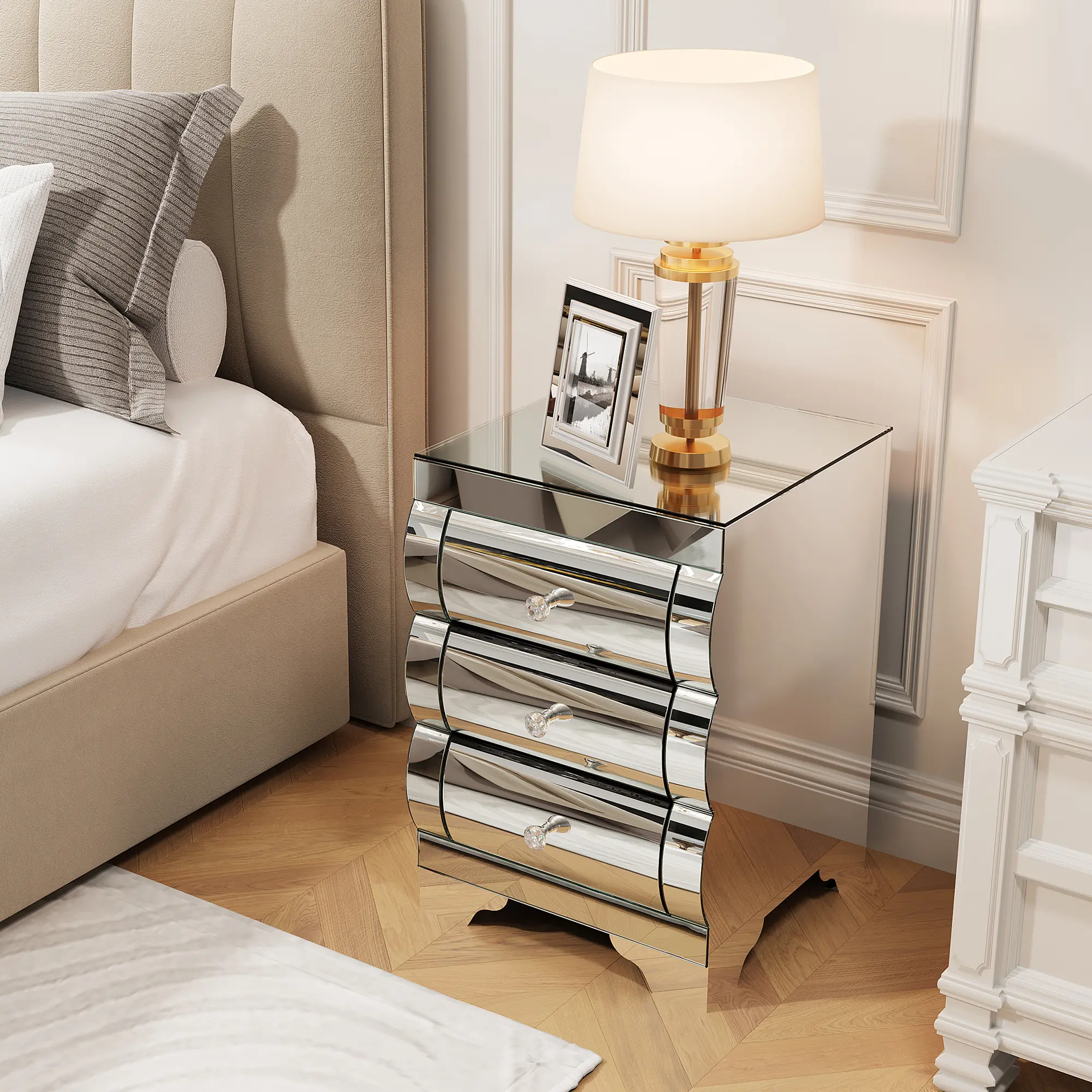 ARCH Mirrored Nightstand with 3 Drawers Glass Bedside Table Chest of Drawers for Bedroom Small Spaces End Table Living Room Furniture Silver MDF+Glass Luxury Modern, Silver Color Options, MDF+glass Material, Luxury/Modern Style, Product Dimensions: