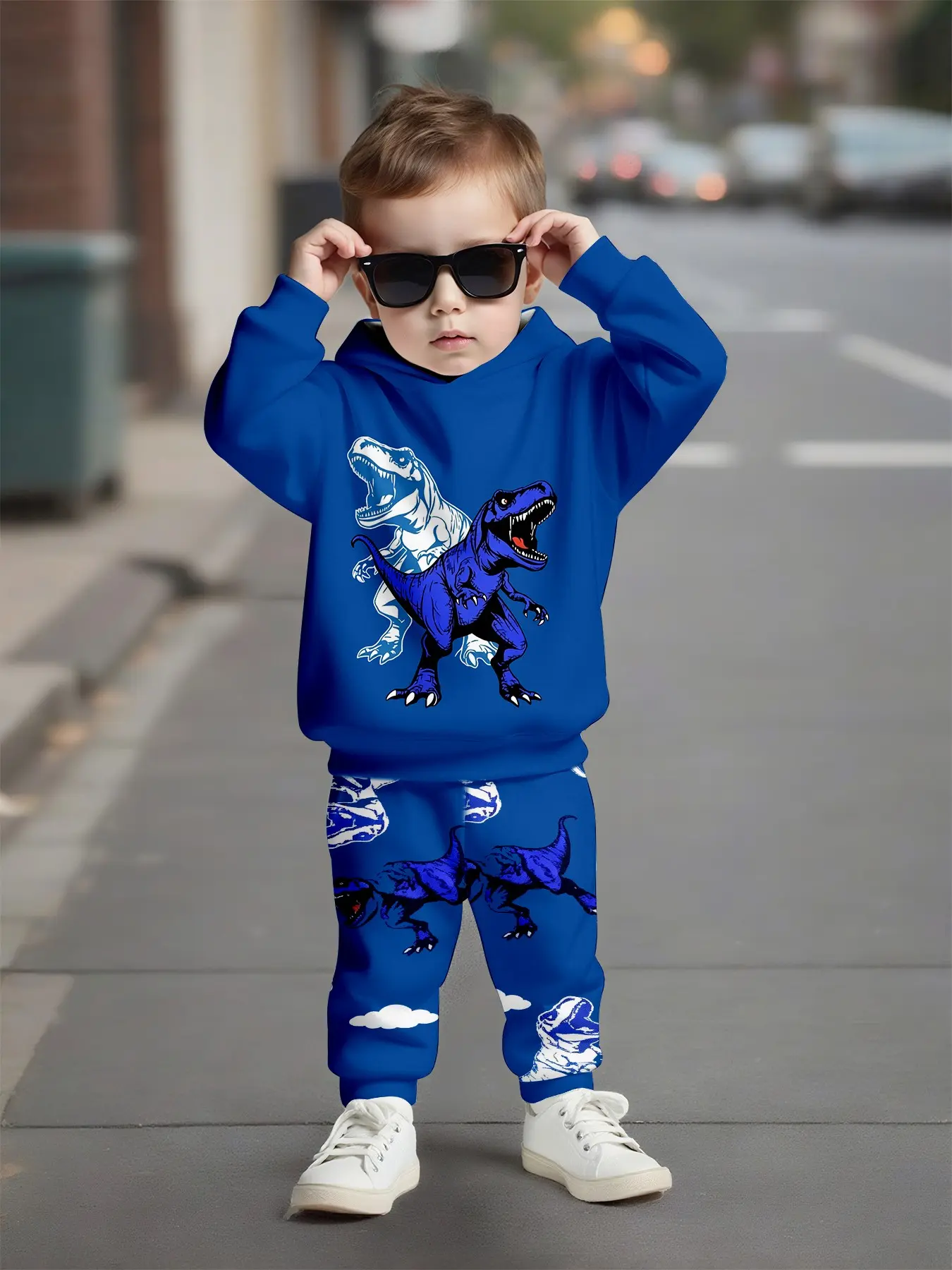 Blue Dinosaur Pattern Kids Set, Long Sleeve Loose-Fit Sweapants, Casual Fall & Winter, All over Print, Natural Waist