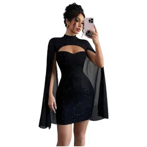 Women's Statement Glitter Ribbed Bodycon Mini Dress, High Neck Cutout with Chiffon Batwing Sleeves for Cocktail Parties