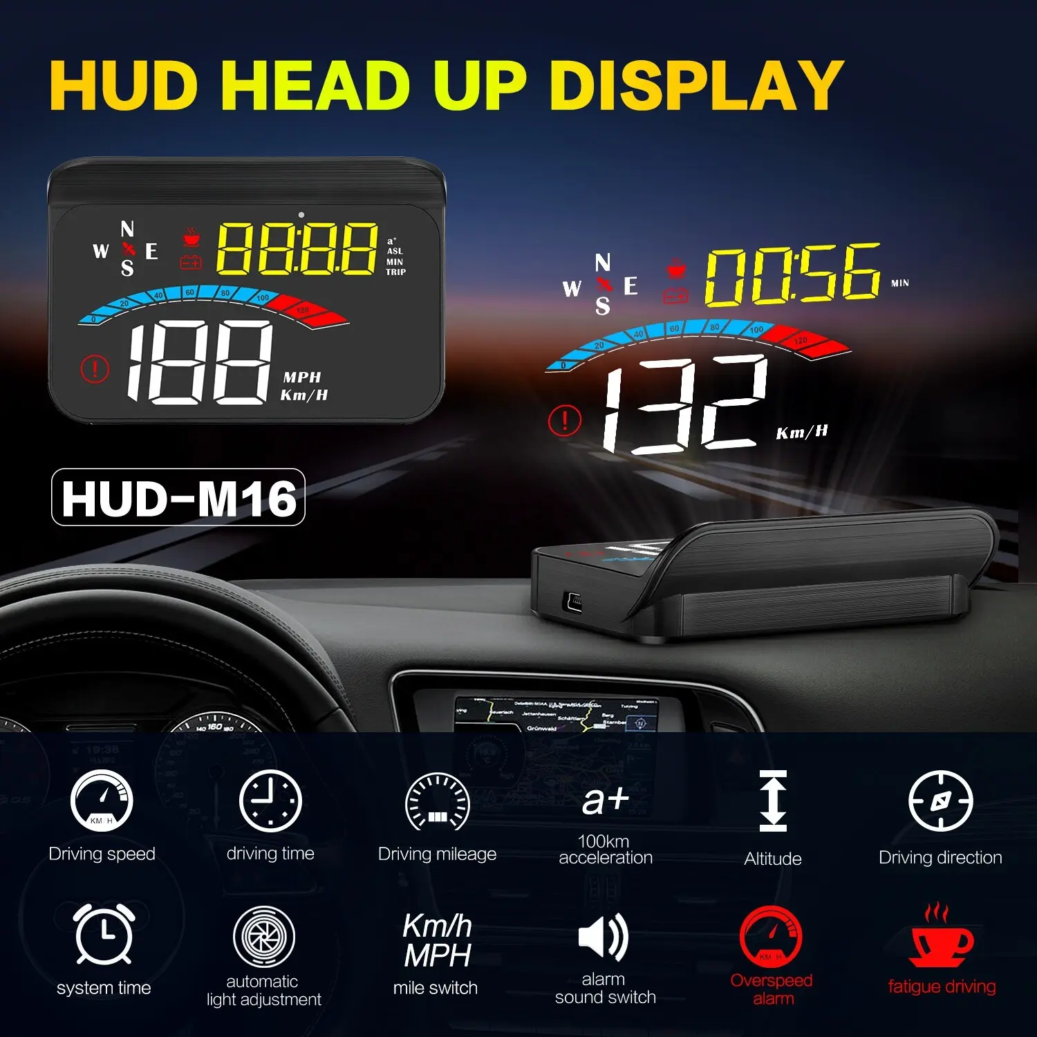 M16 Car Head-Up Display with GPS Speedometer, Windshield Screen Projector, Reflective Film, Universal Fit, Plug-And-Play GPS System