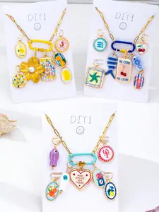 3 Sets of customized DIY women's charm necklace with tropical theme - detachable enamel pendant with mountain buckle and stainless steel chain