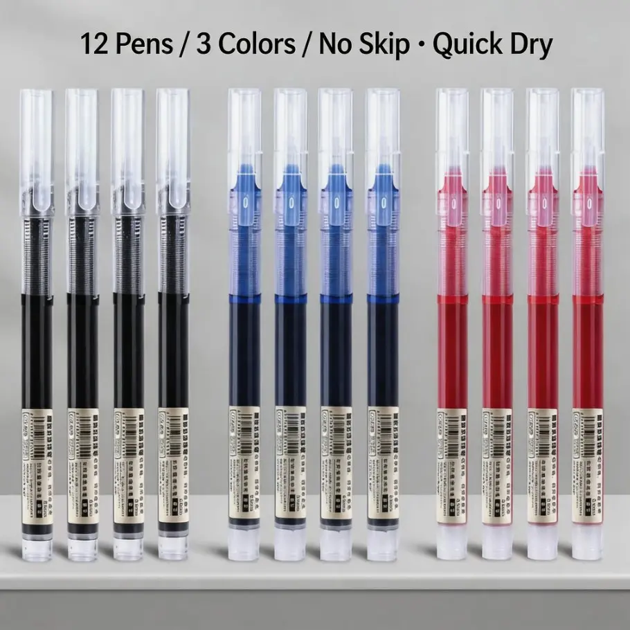 12-Pack Quick-Dry Ballpoint Pen Set, 0.5mm Fine Point Black Blue Red, Smooth Writing, School Office Supplies, Back-To-School Gift