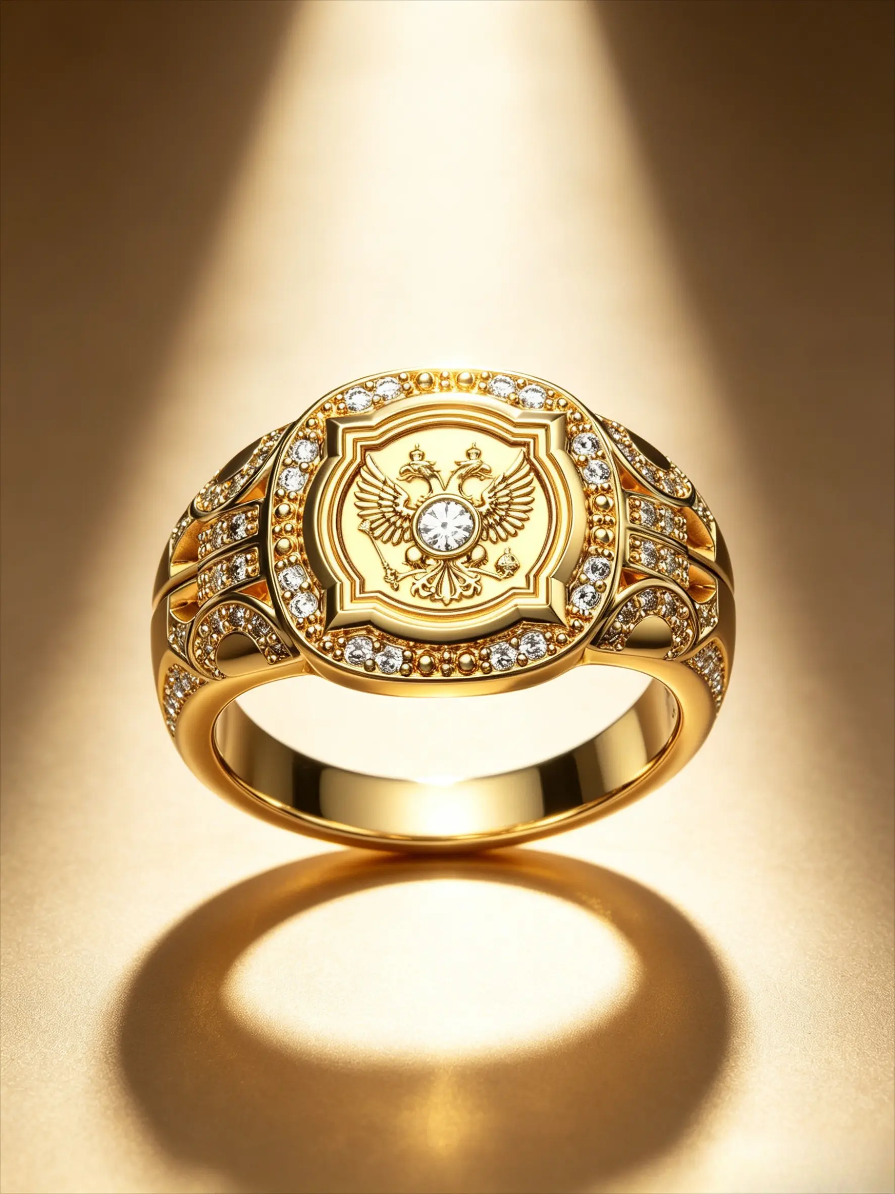 Gold Plated Wide Band Eagle Embossed Men's Statement Ring Center Round Cubic Zirconia Multi Side Paved Small Stone Split Cut Finger Ornament Luxury Bling Hip Hop Accessory For Wedding Banquet Business Daily Travel Birthday Anniversary Holiday Gift For Him