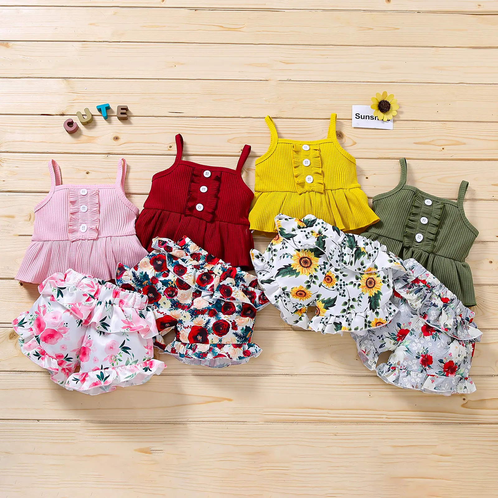 Toddler Baby Girl Summer Clothes Solid Color Button up Sleeveless Ruffle Hem Tank Top and Elastic Waist Floral Layered Shorts Kids Girl 2Pcs Cute Outfits 6M-3T