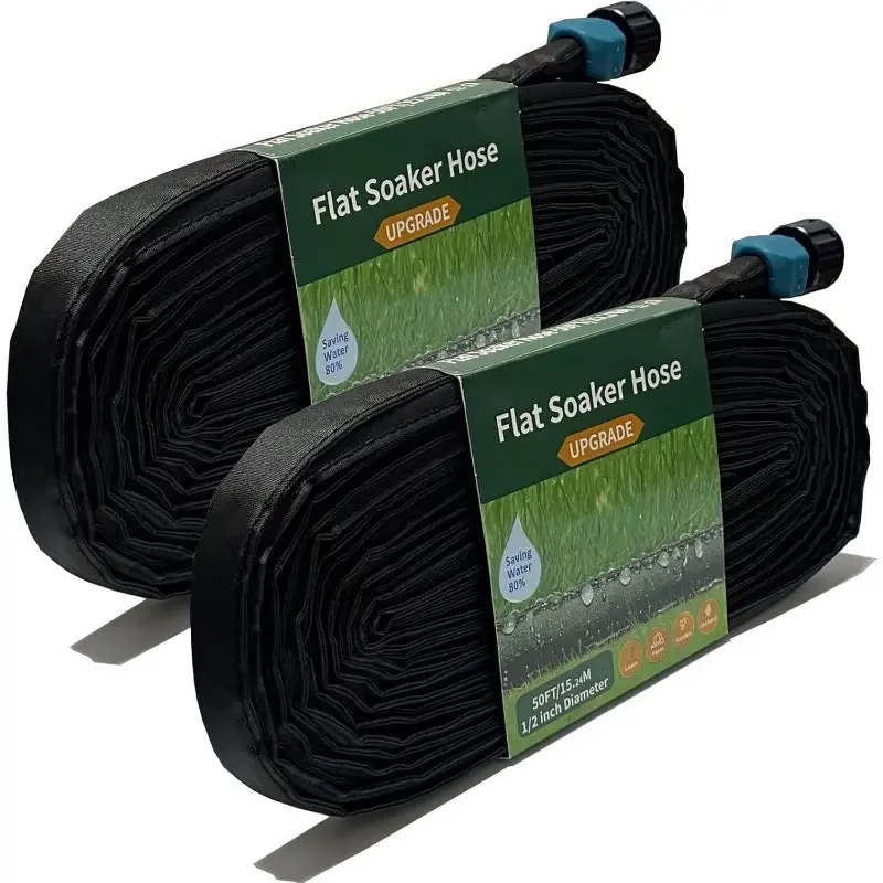 Flat Soaker Hose 100 FT, 100ft (50ft × 2 Linkable Sections), DIY Garden Drip Irrigation System, 80% Water Saving, Dual-Layer Leak-Proof Perforated Irrigation Hose