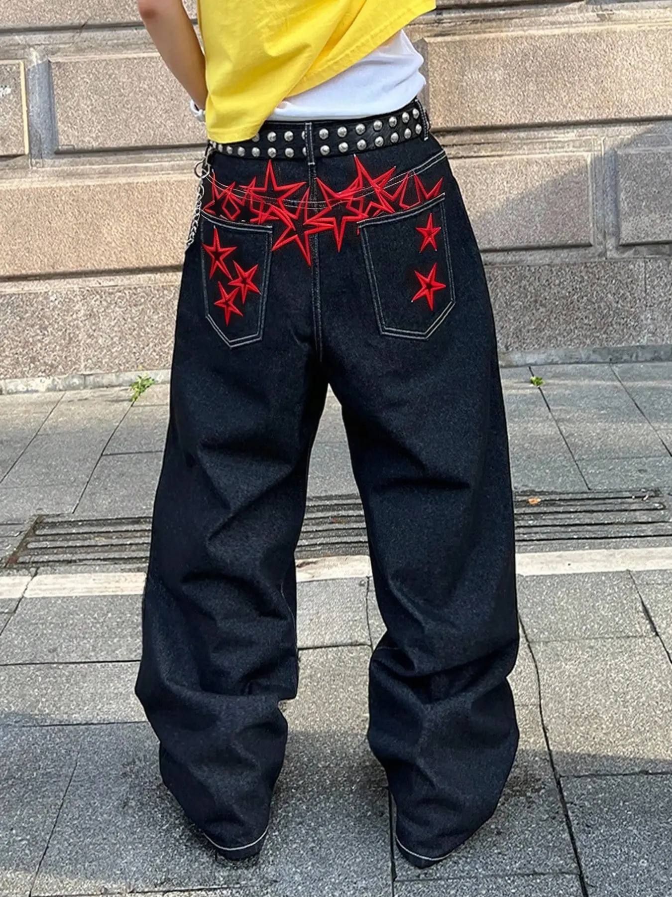 Men's Loose Embroidered Jeans, Star Patchwork Wide Leg Pants, Y2K Streetwear Style, Distressed Denim, Unique Design, Multiple Sizes