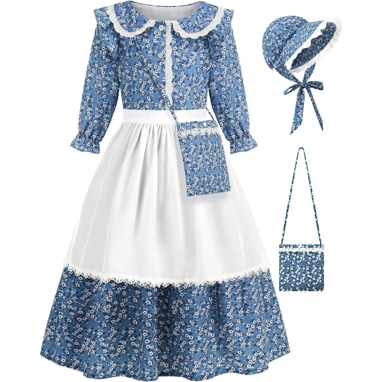 Girls Pioneer Floral Colonial Prairie Costume Dress for Little Kids Complete with Apron and Bonnet