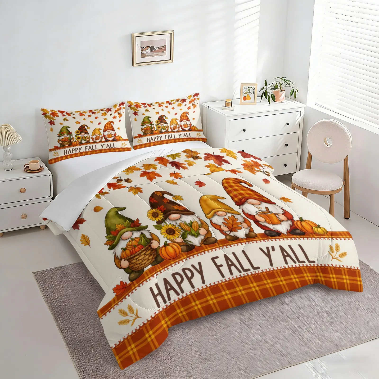 Fall Harvest Comforter Set, Bedding Set with Continuous Cute Gnome Pumpkin Maple Leaf Sunflower Fall‑themed Art Print, Soft Cozy for Autumn Bedroom Farmhouse Holiday Home Decor Quilt Sets 1 Quilt & 1/2 Pillowcase, No Pillow Insert