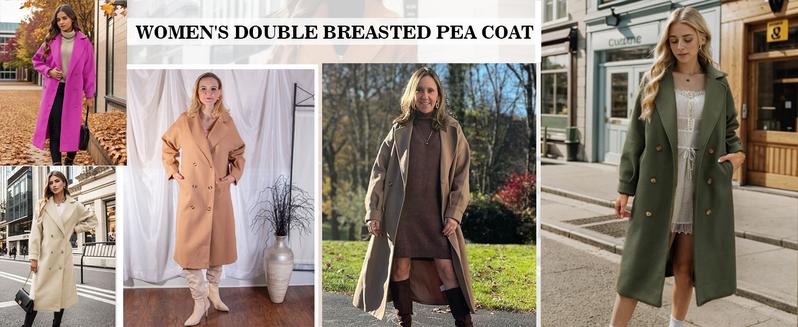 Women's Long Coat Notched Lapel Collar Double Breasted Pea Coat Winter Elegant Wool Blend Over Coats Jackets
