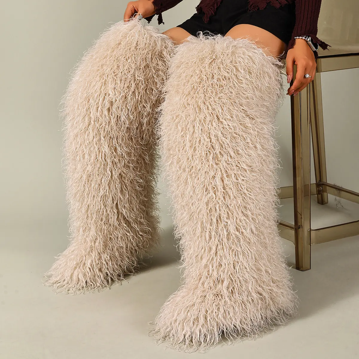 Faux vegan Mongolian thigh high boots winter boots for women with fur inside.Insulated boots Footwear