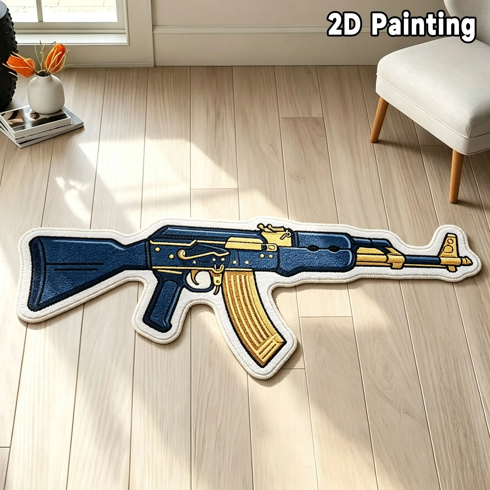 High-Quality Velvet Rug with Non-Slip Plastic Backing, Cool Tactical Ak-47 Design, Soft Washable Carpet for Bedroom, Living Room, Home Decor