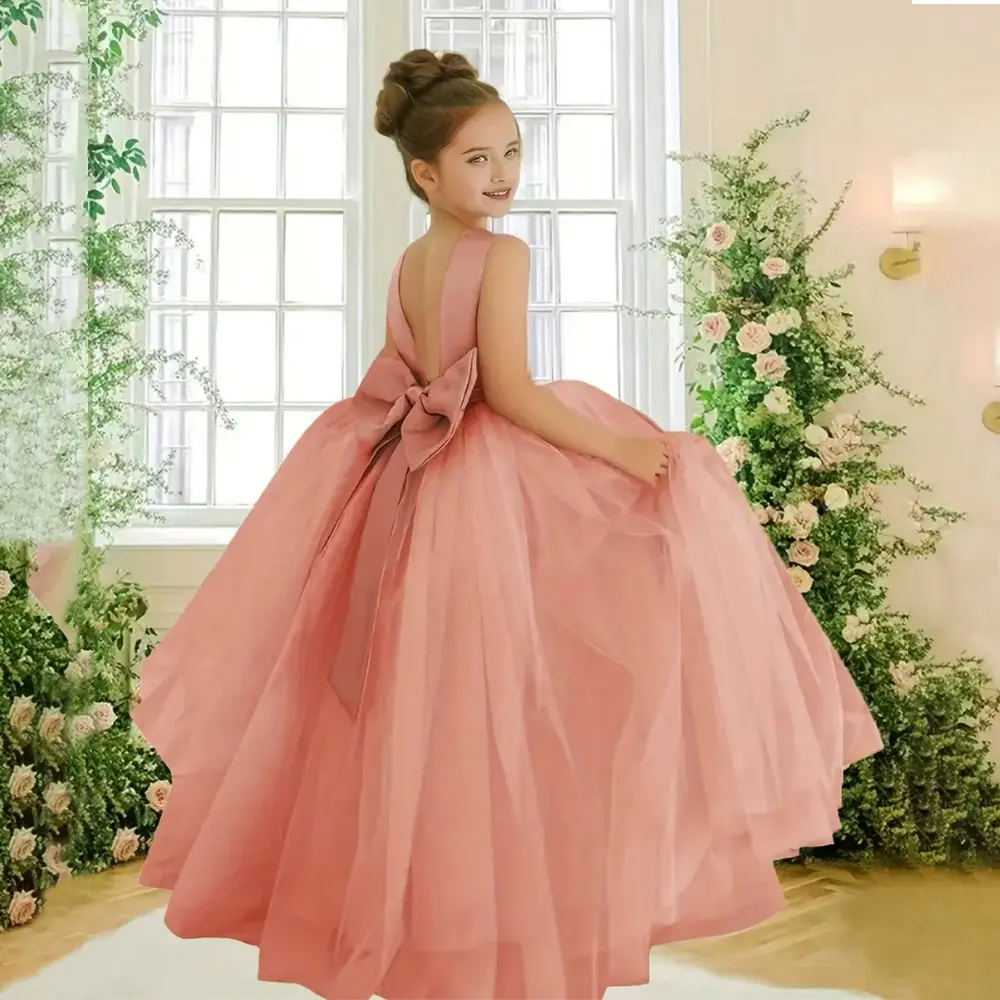 Big Girls' Solid A-Line Party Dress - Backless Fit & Flare Gown with Bow, All Seasons, Machine Washable/Dry Clean for Formal Wedding, Birthday Events (4-14Y)