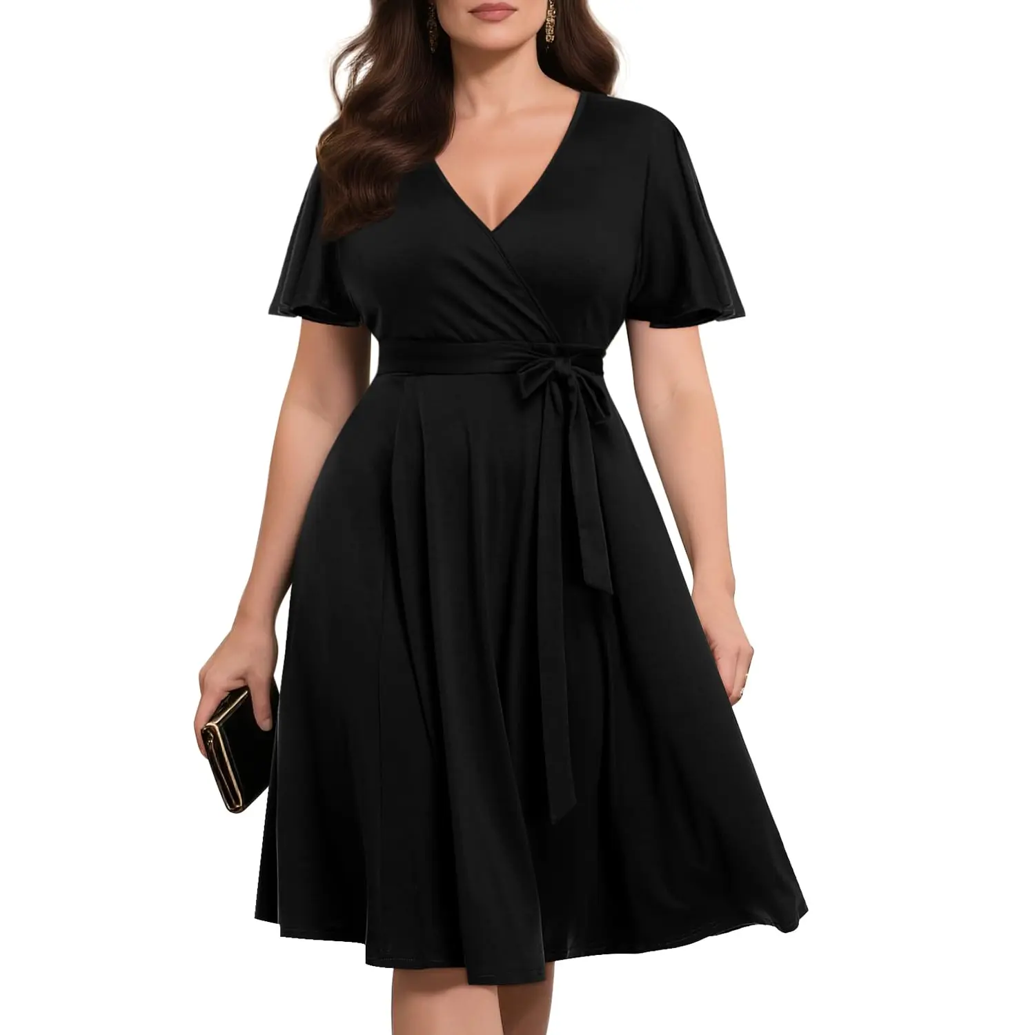 Pinup Fashion Plus Size Black Dresses Women Semi-Formal Wedding Guest Wrap Casual Short Flutter Sleeve V Neck Party Summer Dress