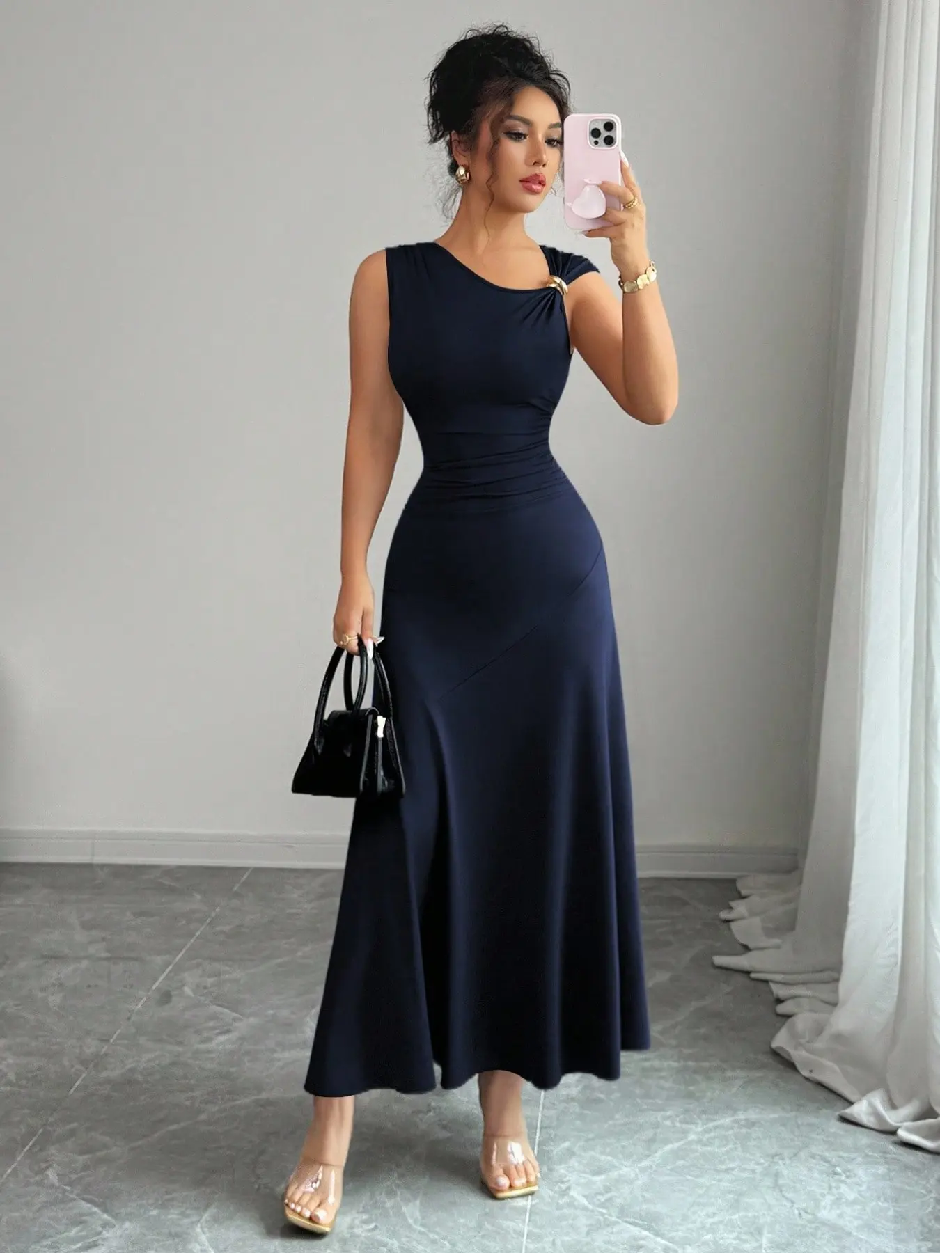 Women's Elegant Casual Solid Dress, Asymmetrical Neckline, Metal Decorations, Pleated Waist Belt, Perfect for Vacation Wear