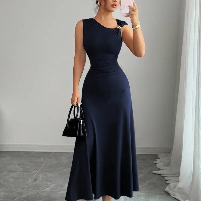Women's Elegant Casual Solid, Asymmetrical Neckline, Metal Decorations, Pleated Waist Belt, Perfect for Vacation Wear, Casual Elegant Fall, Style