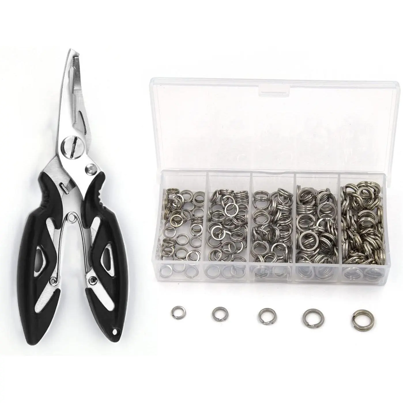 Pack of 201 count Fishing Stainless Steel Split Rings 5 Sizes and Plier Set, Split Ring Capable of withstanding Large tensile Force and Fishing Plier Tool Kit for Saltwater Fishing Lure Connectors…
