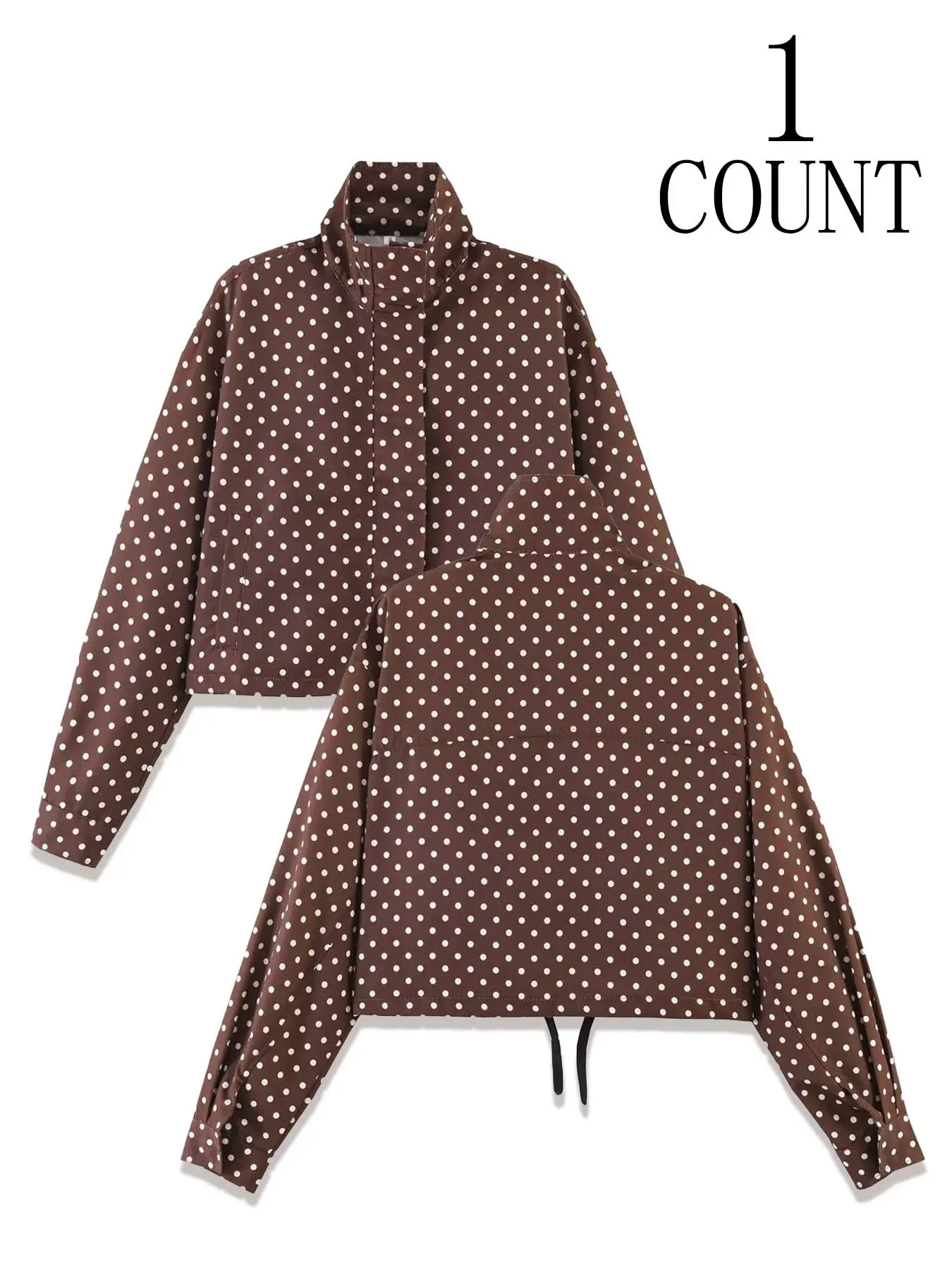 Vintage Polka Dot Stand Collar Short Zipper Jacket for Women, Loose Fit Long Sleeve with Adjustable Drawstring Hem, Korean Style Casual Outerwear