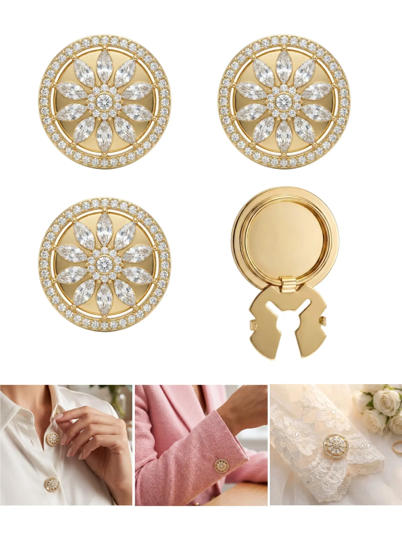 4PCS Round Starburst Rhinestone Button Covers, Clip-On Shirt Button Covers, Detachable Reusable Cuff Button Accessories, DIY Fashion Clothing Decorations for Shirts, Pants, Skirts and Holiday Outfits, Holiday Gift Idea