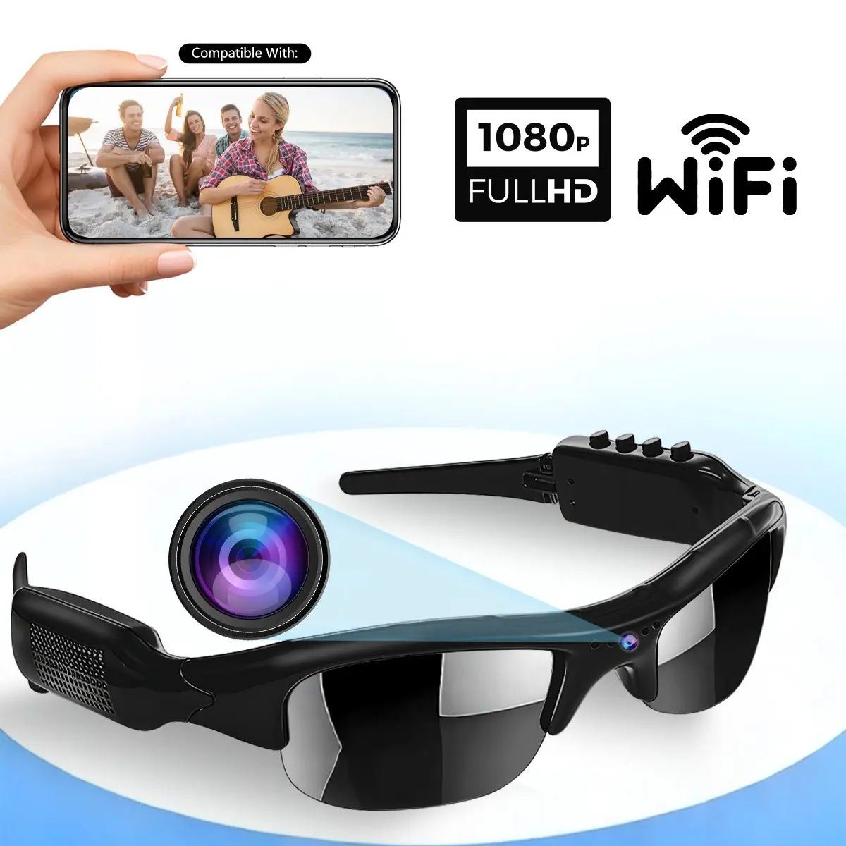 Camera Sunglasses, 1080P HD Video Recording Glasses with WiFi Connection & UV Protection, Comfortable Wearable Smart Eyewear, Suitable for Skiing, Cycling & Vlogging