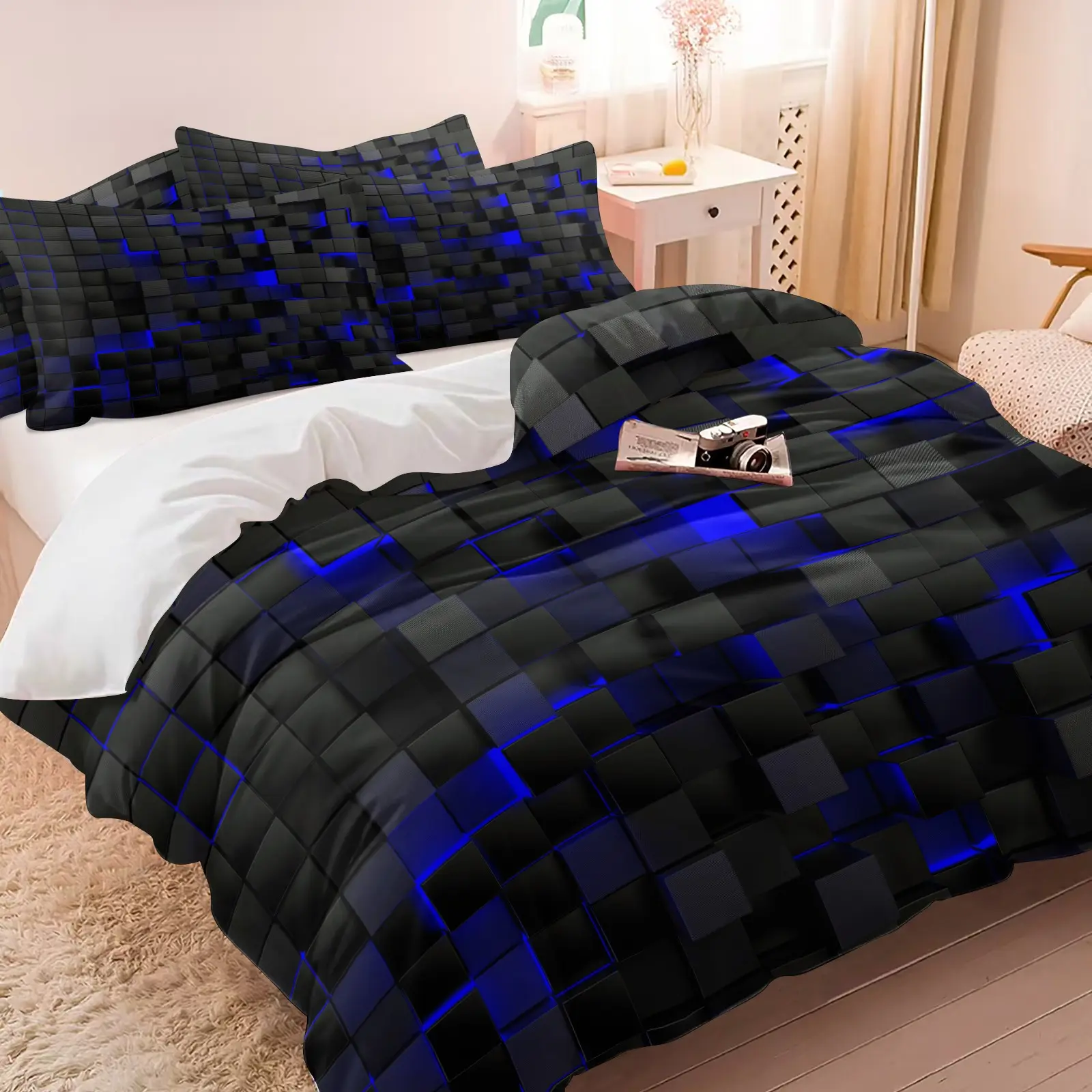 2/3Pcs Blue Neon Cube Geometric Duvet Cover Set Soft Microfiber Zipper Wrinkle Resistant Bedding Comforter Cover With Pillowcases Modern Futuristic Cool Aesthetic Bed Set For Bedroom Home Decor