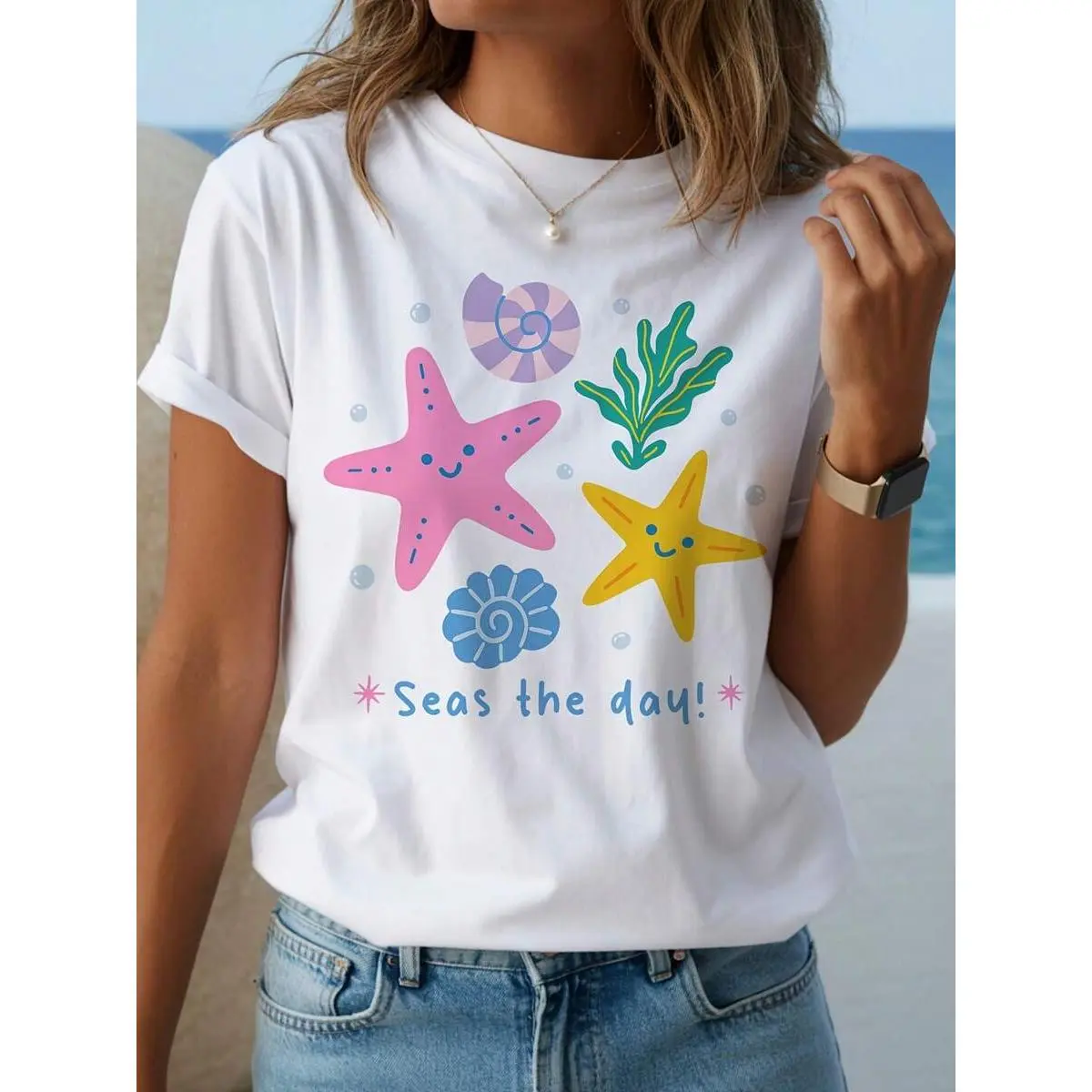 Women'S Casual Short-Sleeve T-Shirt- Ocean-Themed Colorful Geometric Starfish And Floral Print, Breathable Round-Neck Top, Machine Washable, Medium Stretch