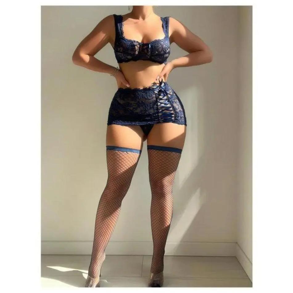 2026 NEW Women's 3-Piece Lace-Up Babydoll Lingerie Set Sheer Mesh Bra & Panty Elegant Sleepwear for Romantic Nights & Anniversaries