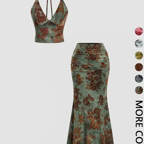 【Black Friday】Women's Floral Bohemian Deep V-Neck Crop Top & Fish Tail Skirt, Sexy Two-Piece Summer Outfit, Back-To-School Fashion, All-Over Print Design
