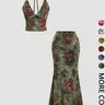 【Black Friday】Women's Floral Bohemian Deep V-Neck Crop Top & Fish Tail Skirt, Sexy Two-Piece Summer Outfit, Back-To-School Fashion, All-Over Print Design