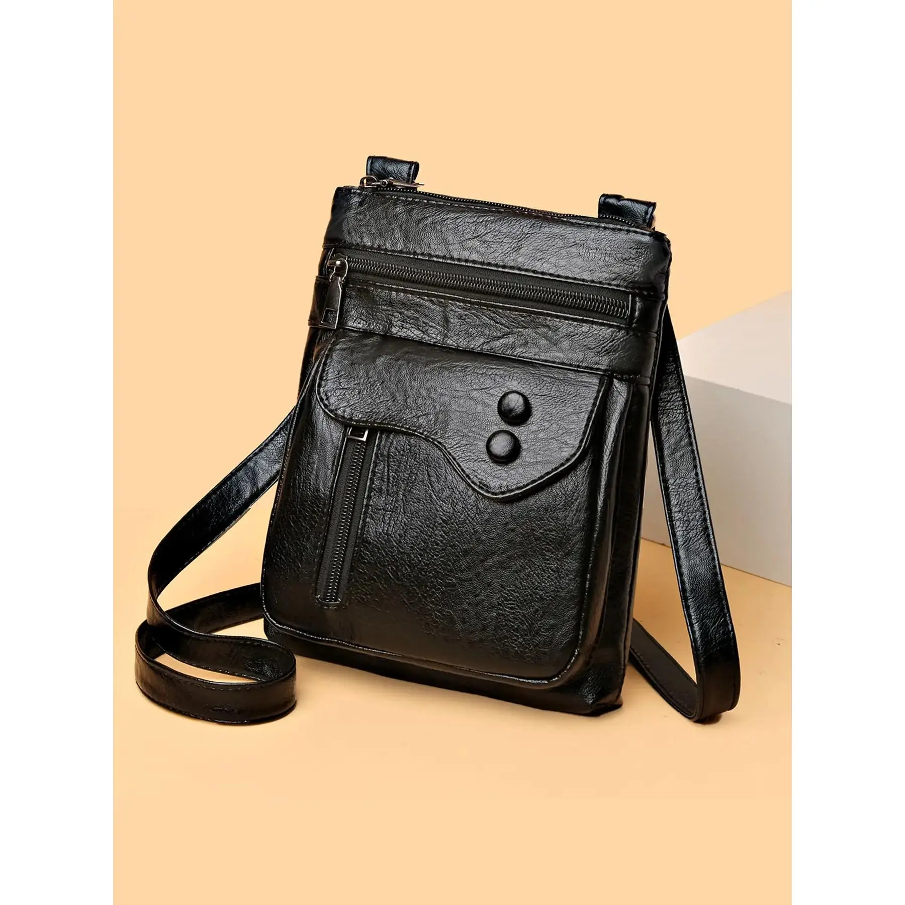 Niche design retro waxed leather shoulder messenger bag, multi-pocket design, Multifunctional crossbody bag, black simple business style, practical small shoulder bag for daily commuting, Casual Crossbody Bags, Zippered Sling Bag