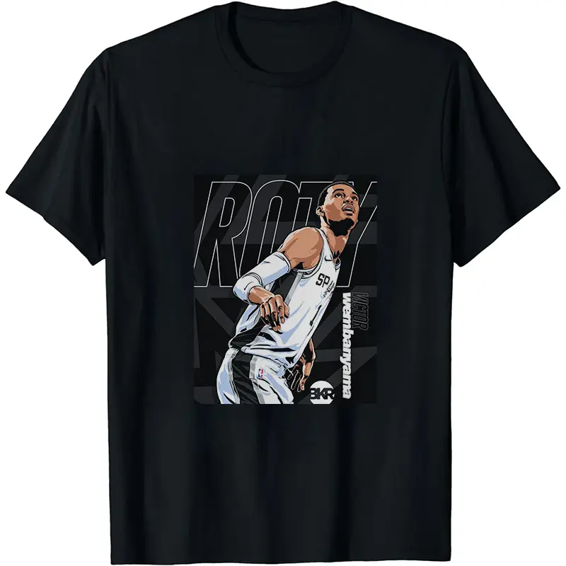 100% Cotton ROY Rookie Of The Year Wembanyama Tee, Black Geometric Dynamic Print, Spurs Fan Game Day Commemorative Shirt ROY Wembanyama Motion Print Tee, Black & White Available, Versatile Top For Travel & Game Night