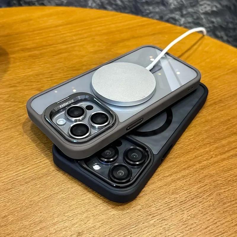 Luxury Magnetic Shockproof Phone Case For iPhone 16 17 15 14 13 12 Pro Max Funda With Magsafe Stand & Glass Lens Protector Cover