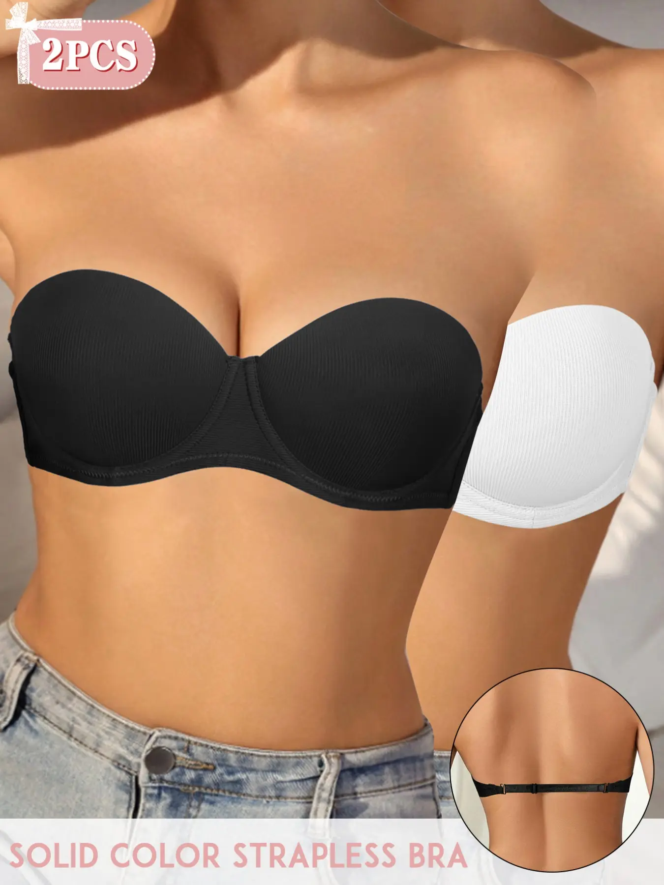 1/2PCSWomen Seamless Ribbed Basic Strapless Push Up Bra with Replaceable Invisible Straps, Adjustable Anti-Slip Back Band 2-Way Lingerie for Wedding, Off Shoulder, Daily Party & Casual Outfits