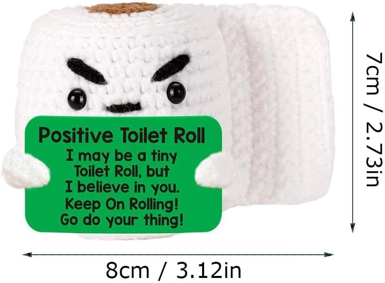 Super cute hand knitted positive toilet paper roll doll with inspirational vibes! Unique funny decor for bedroom, office and desk, a creative gag gift for women, men and friends. Small and amusing, it lifts mood instantly with its cheerful positive energy