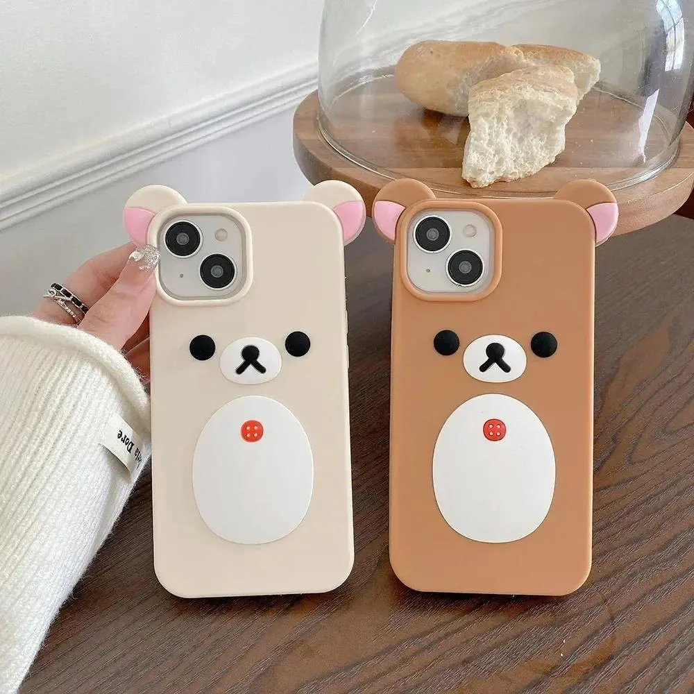 Cute Cartoon 3D Rilakkuma Bear Phone Case For iPhone 17 16 15 14 13 12 11 Pro Max Soft Silicone Shockproof Protective Case