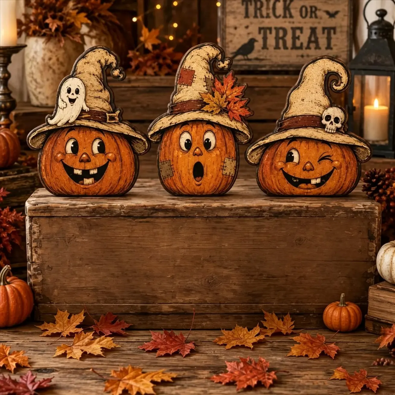 3-Piece Vintage Witch Hat Pumpkin Wooden Desktop Decor, Halloween Ghost Maple Leaf Skull Design, Farmhouse Fall Layered Tray, Fireplace Decoration