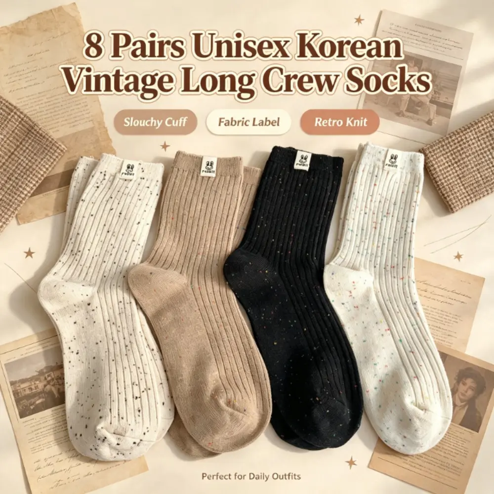 8 Pairs Unisex Vintage Long Crew Socks, Slouchy Stacked with Label, Breathable Quick-Dry Moisture-Wicking, Non-Slip Cushioned, Ideal for Daily, Travel, and School Outfits.