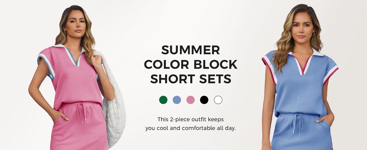 Imily Bela Womens 2 Piece Skirt Set Summer Cap Sleeve Tops Matching Tennis Skirts Casual Color Block Vacation Outfits Lounge Sets