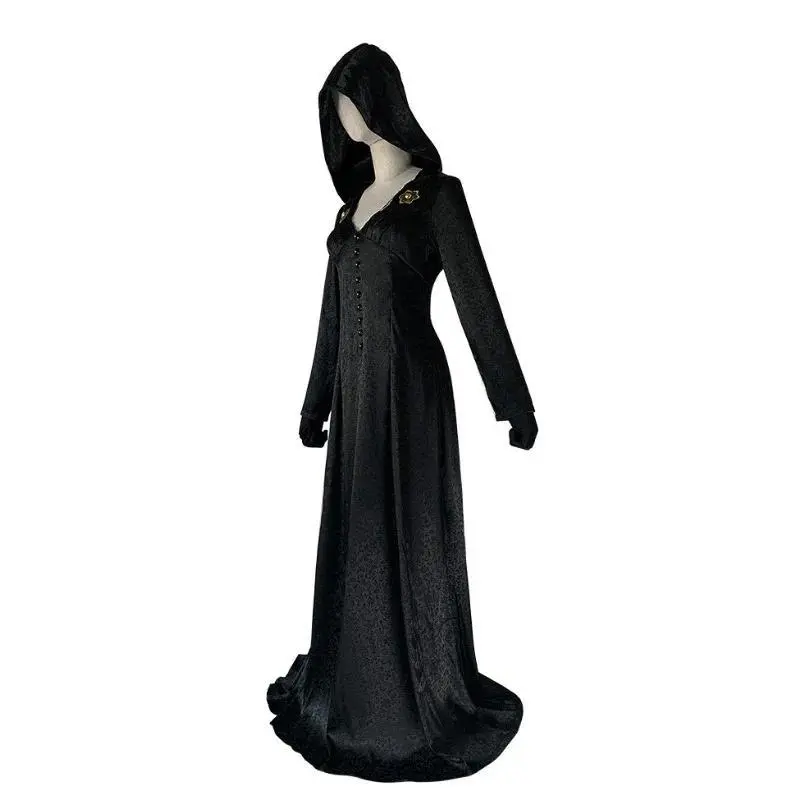 Women's Polyester Medieval Lady Dimitrescu Daughter Cosplay Gothic Long Hooded Dress, Bella Suit Vampire Cassandra Halloween Party Clothes with Accessories, Gothic Party Clothing