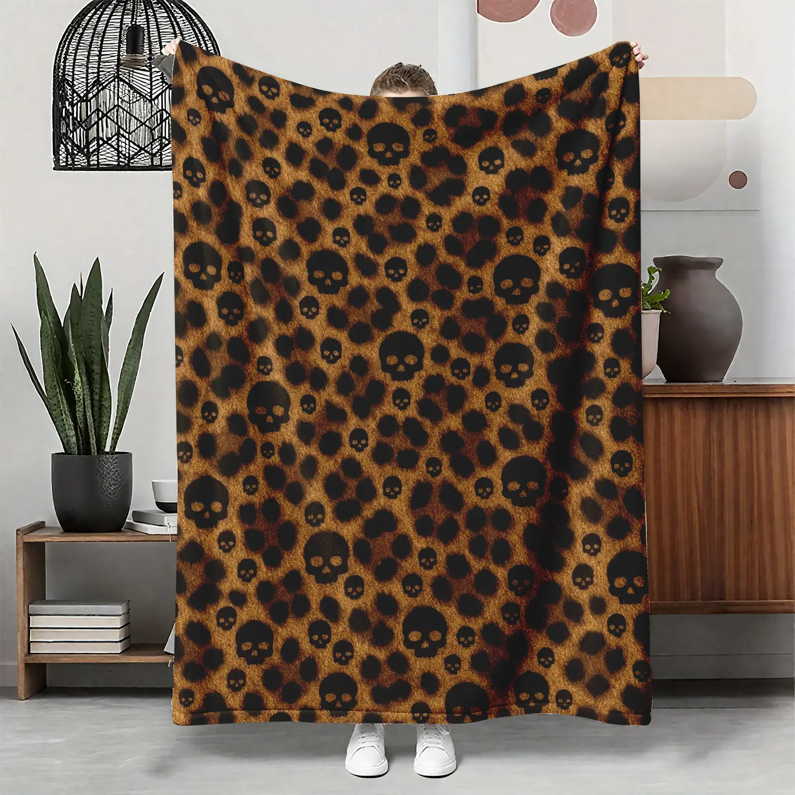 【Summer Sale Deals】Lightweight Air Conditioning Flannel Blanket - Skull Dark Leopard Print, Goth Halloween Motifs, Cozy for Sofa Bed, Unique Gift for Him/Her, Dark Aesthetic Home Decor, Distinctive Print Design, Dark Leopard Print Blankets, Distinctive Pr