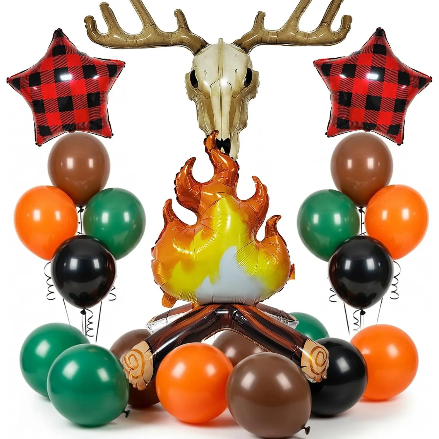 Camping Balloon Garland Kit with Deer Head Campfire Foil Balloons - Red Black Checkered Star Balloons for Wilderness Birthday Baby Shower Hunting Theme Party Decorations
