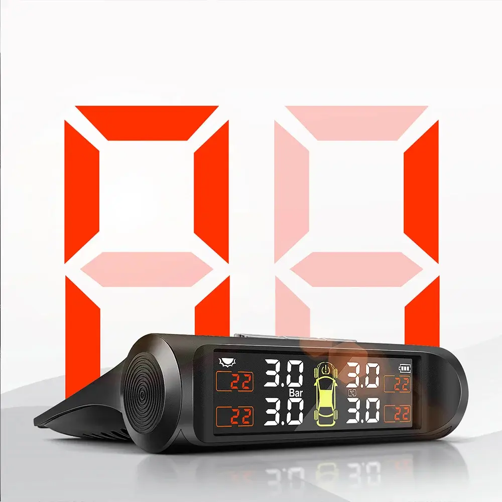 Solar TPMS Car Tire Pressure Monitoring System - Wireless, 2 Years Service, Anti-Theft, 4 Internal & External Wheel Sensors, Convenient to Replace