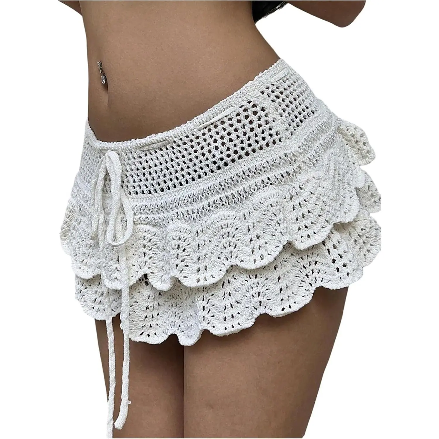 Women's Drawstring Layered Crochet Mini Skirt Low Waist Beach Skirt | Swimsuit Cover Up, Tiered, Tie Front, Ruffle, Summer Fall, Concert, Sexy Rave Party Knit Skirts