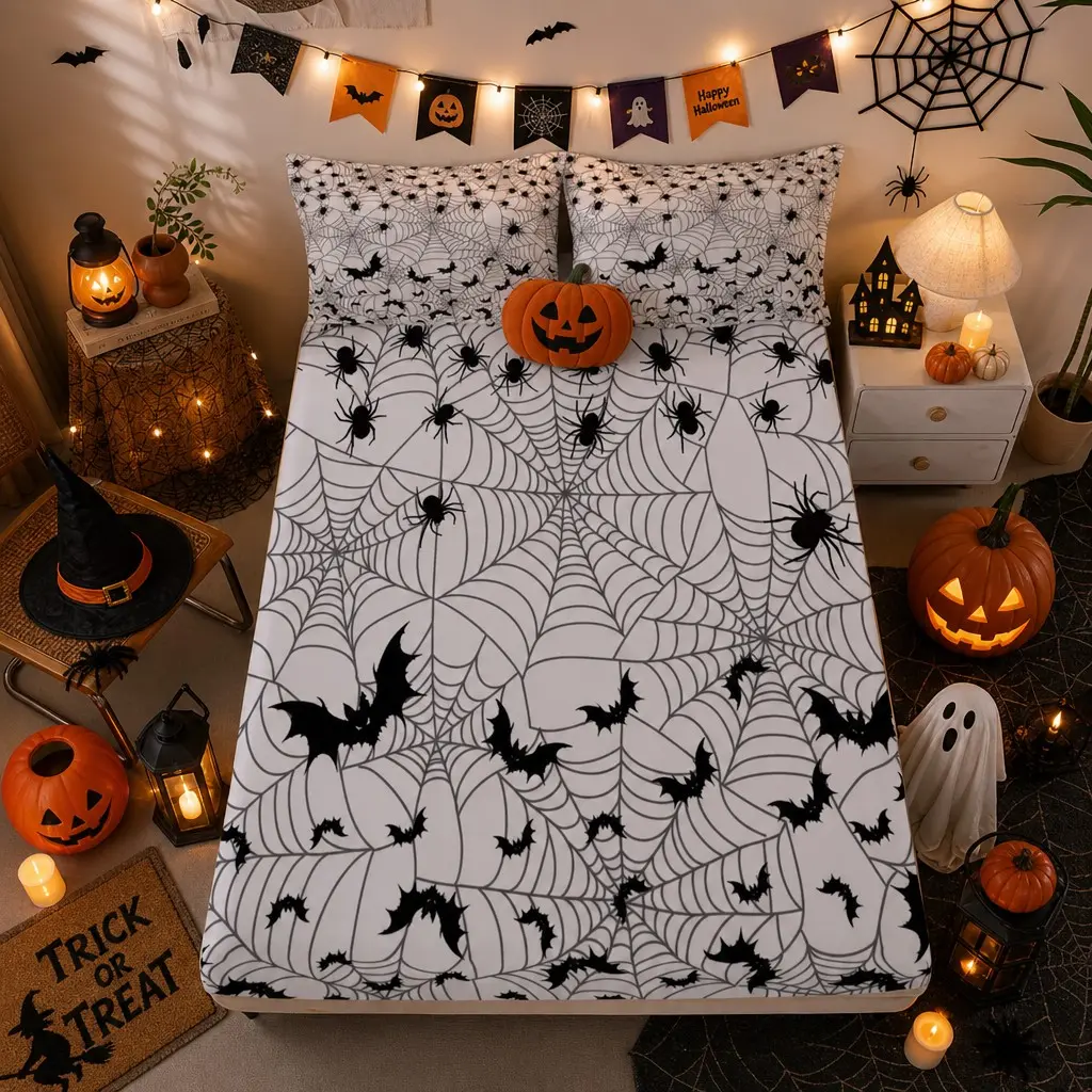 Halloween Spider Web Bat Print Bed Sheet Set, Ultra-Fine Fiber Bedding with 2 Pillowcases, Teen Dorm Room Decor, Festival Theme