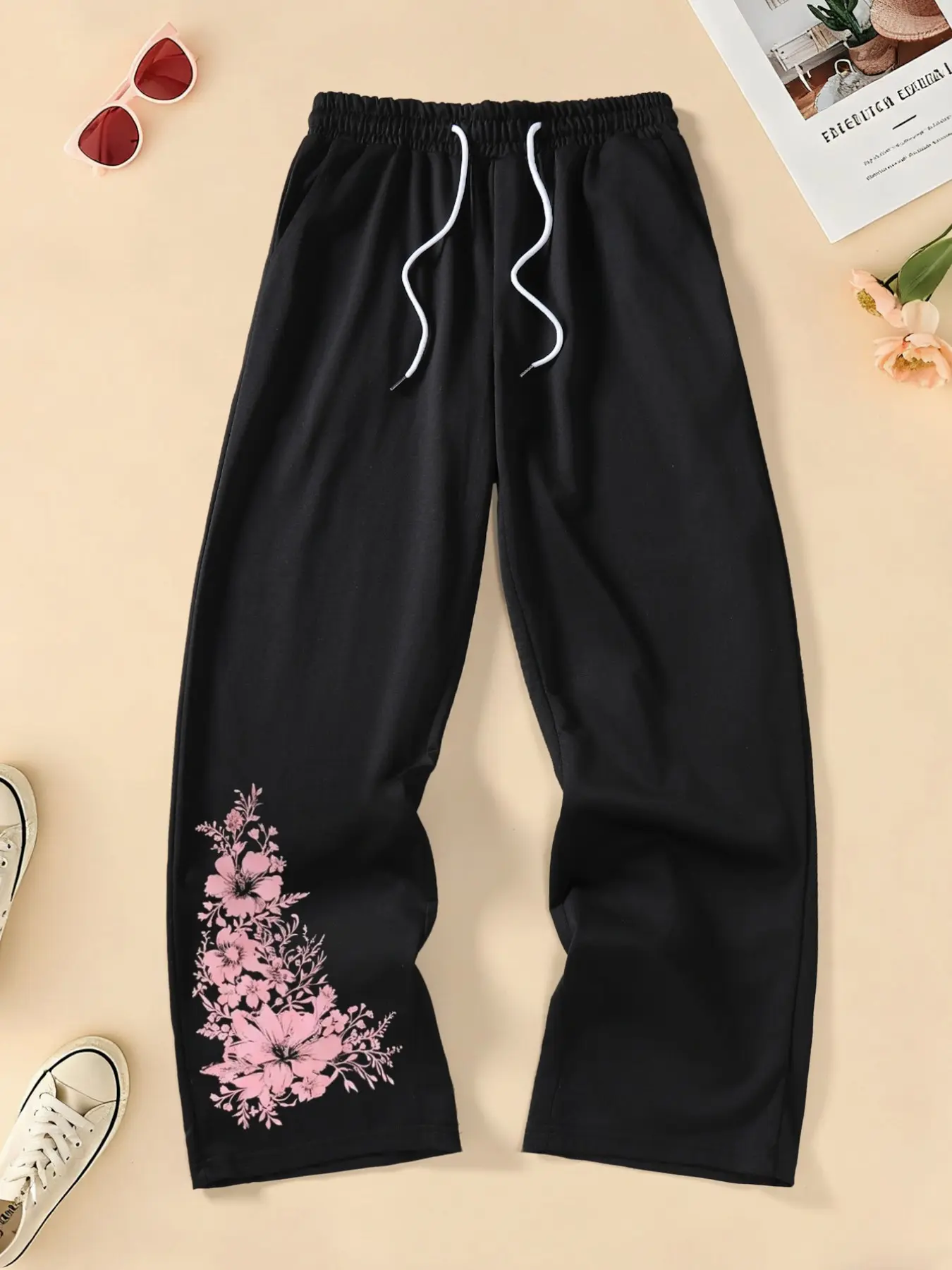 Women's Pink Floral Print Wide Leg Sweatpants, Elastic Waist Drawstring Casual Trousers, Loose Fit Y2K Streetwear Pants, Fashion Joggers for Daily & Lounge Outfit, 2026 Trendy Soft Comfy Pants