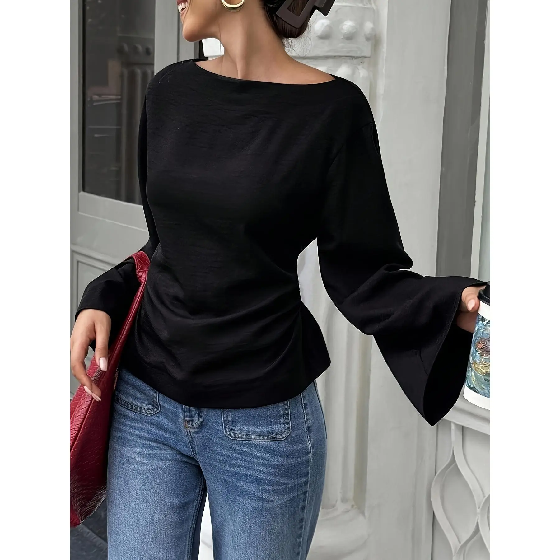 Women'S Solid Back Tie Flared Sleeve Blouse